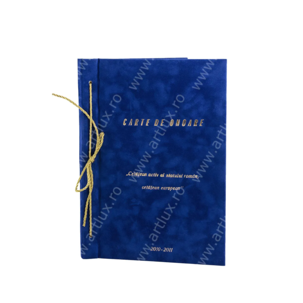 Blue velvet-covered guest book with gold lettering and a gold cord tied on the left side.